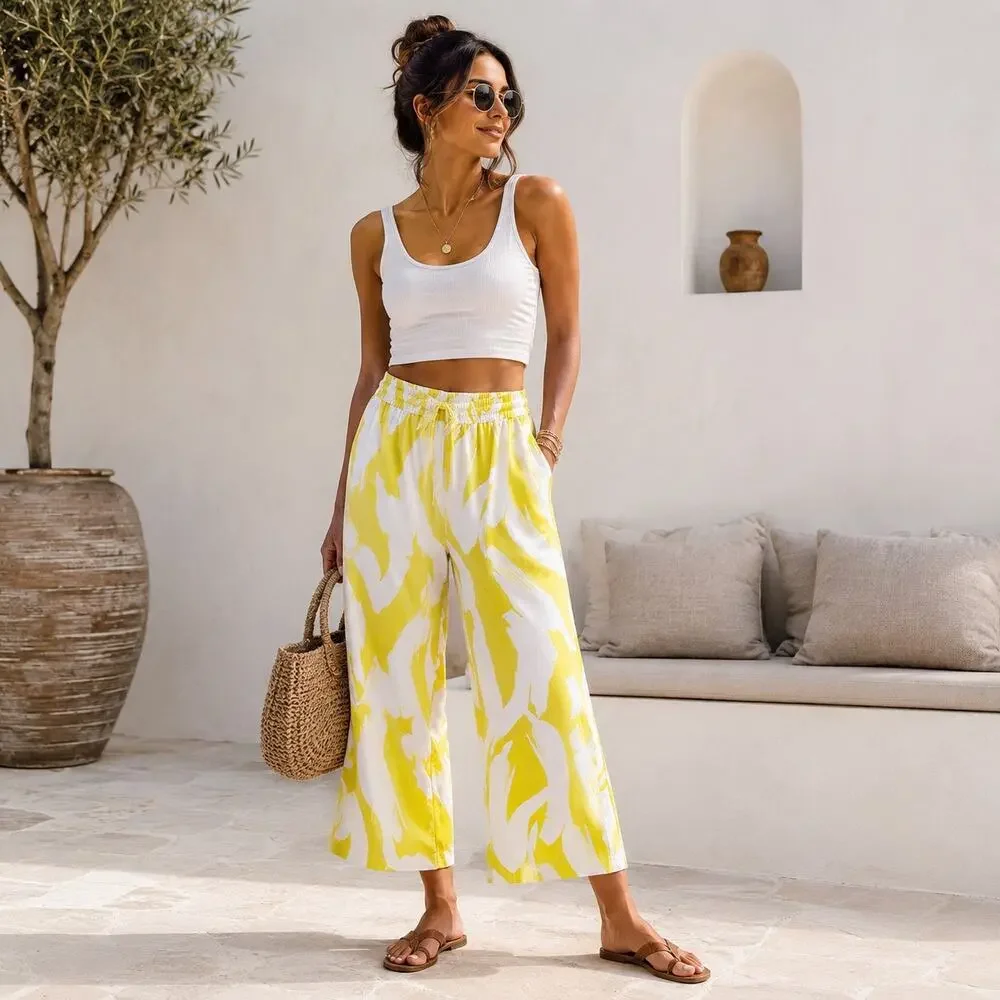 DKNY Linen Blend Wide Leg Crop Pants Yellow White Abstract Print Medium - Picture 1 of 12
